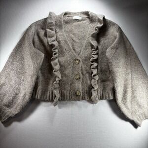 Altar's State Chunky Cardigan, Cropped Ruffled Front Tan Balloon Sleeve Medium